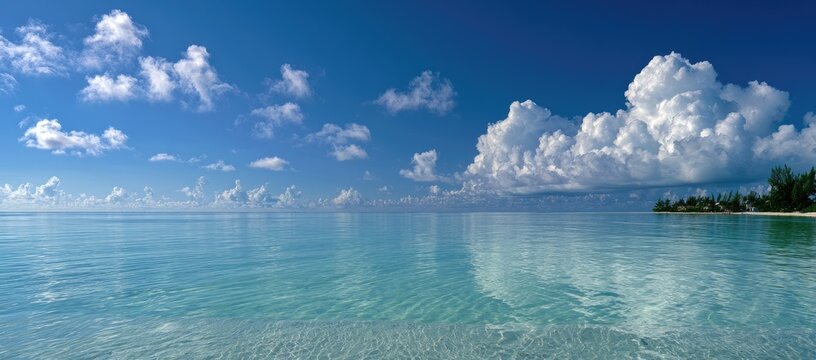 Crystal clear turquoise water laps a sandy shore under a vast blue sky with fluffy clouds