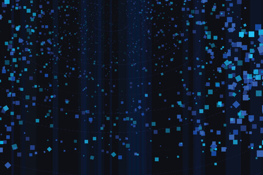 Blue digital data stream with glowing pixels flowing through dark background