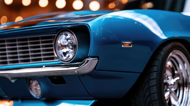 Gleaming blue classic automobile's front fender, headlight, grill, and tire