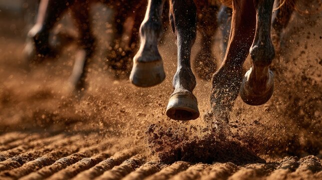 Close up of horse hooves kicking up sand during a race