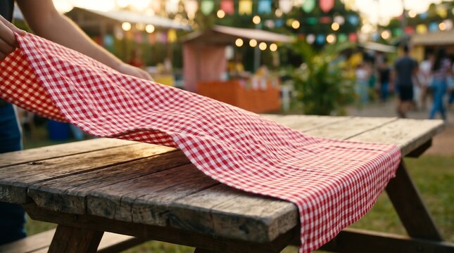 A person setting up a picnic table with a red and white checkered tablecloth outdoors