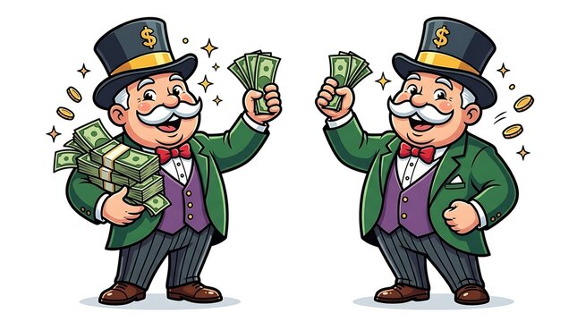 Two cartoon businessmen happily holding piles of cash and money.