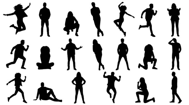 Silhouette people in various dynamic poses isolated on transparent background, Vector