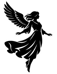 Obraz premium Vector silhouette of an angelic figure with large wings extended, floating gracefully in flowing gown. Symbol of spirituality, serenity, and divine protection.