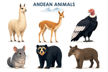 Fototapeta premium Vsai andean animals collection including llama condor chinchilla spectacled bear tapir