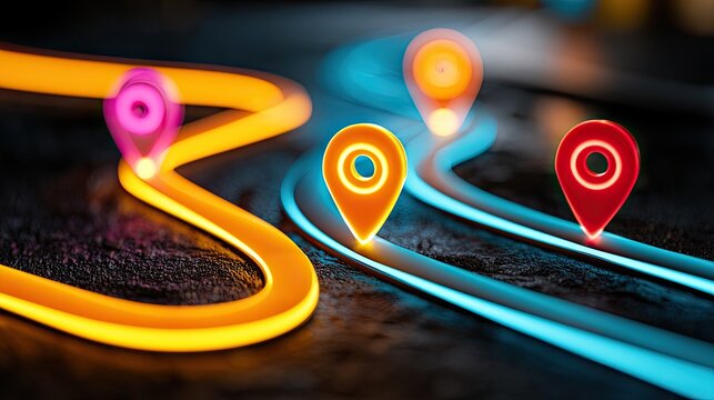 Neon pathways with luminous pins indicate diverging routes and destinations