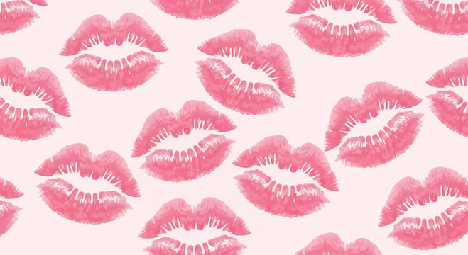 Seamless pattern of pink watercolor lipstick kiss marks and lip prints on a light pink background, featuring artistic textured details for beauty, fashion, and romantic designs.