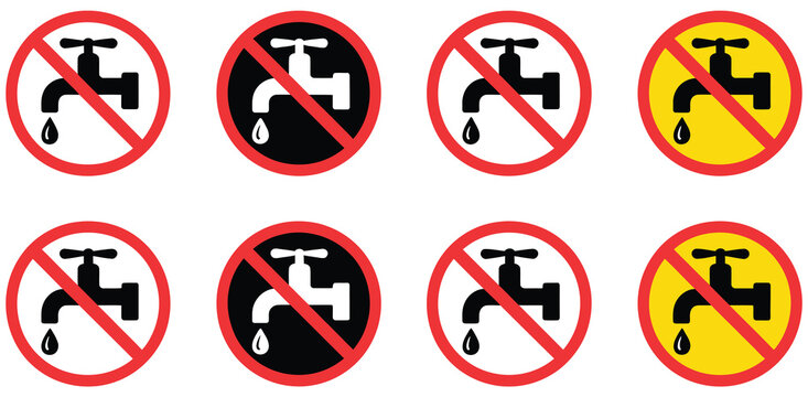 Prohibition Water Usage Icons Set, no water usage and non potable water warning signs, red circle slash symbols, flat vector graphic design for public safety and hazard communication.