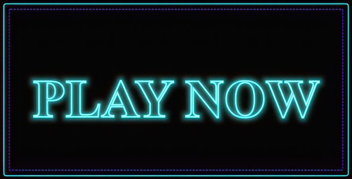 Blue neon glowing play now text button with rectangular dotted border for digital website interface on black background.