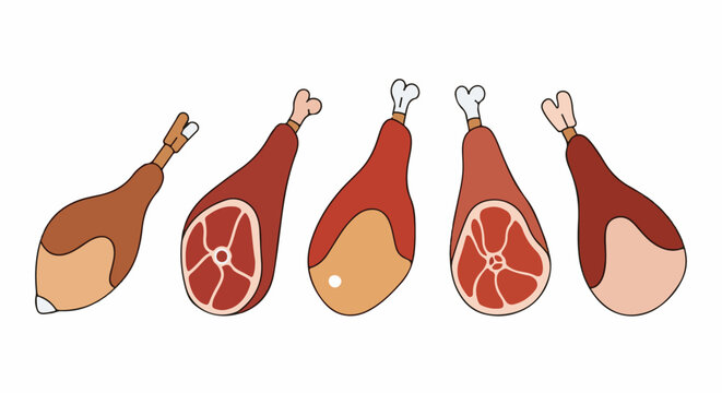 Five cartoon-style ham legs with bones are displayed against a white background