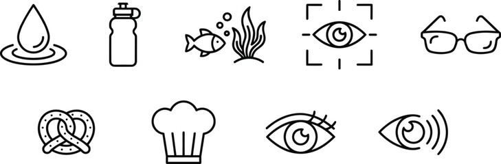 Fototapeta premium Outline icon collection featuring water droplet, bottle, fish with seaweed, eyeglasses, chef hat, pretzel, and vision symbols