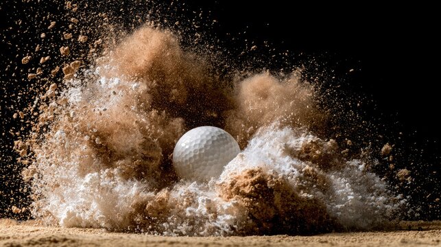 A golf ball exploding in a cloud of dirt and sand on a dark background