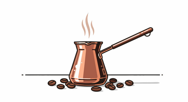 Copper pot steams with coffee beans and a drop of liquid