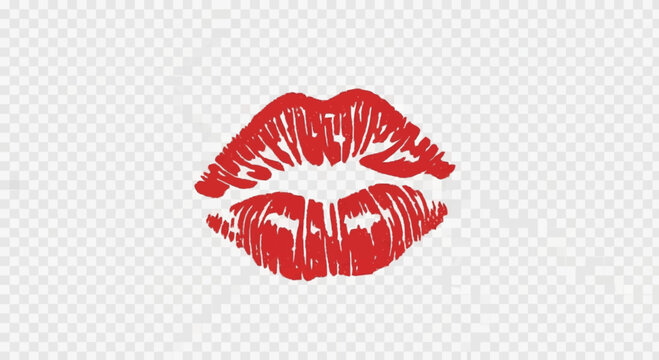 Red lipstick kiss print with detailed lip texture and ridges, isolated on a transparent background, depicting a human mouth imprint with vibrant red color and realistic shape.