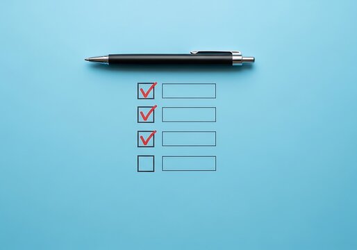 Black pen and checked checkboxes on blue background