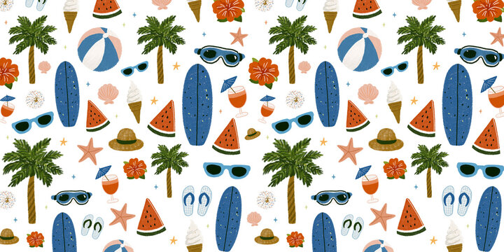 Summer Vacation Seamless Pattern Background, Cute Hand Drawn Illustration of Surfboard, Palm Tree, Watermelon and Sunglasses