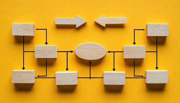 Wooden blocks form a flowchart with arrows indicating connections and flow