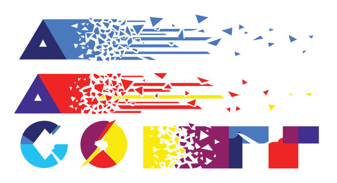 Abstract graphic design of geometric letter shapes and horizontal stripes breaking apart into many small triangular fragments with motion.