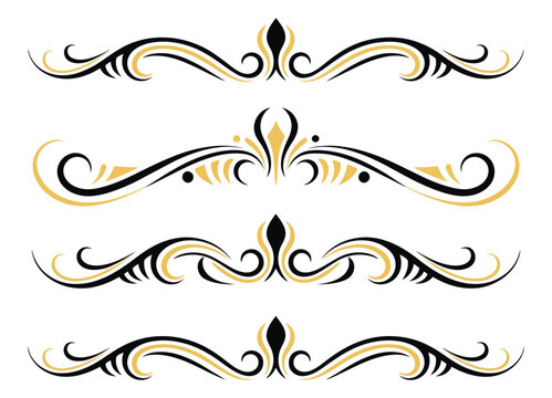 Floral Art Vector Featuring Black and Gold Pinstripe Ornament Designs for Motorcycles, Cars, Vinyl Stickers, Tattoos and Apparel Graphics