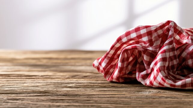 Crumpled red and white checkered cloth on a weathered wooden table, light