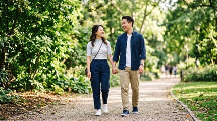 Fototapeta premium Happy Young Asian Couple Holding Hands and Laughing While Walking Along a Scenic Path in a Green Park