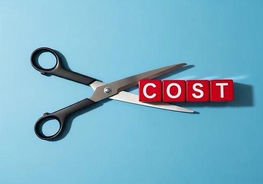 Scissors cutting red blocks spelling cost