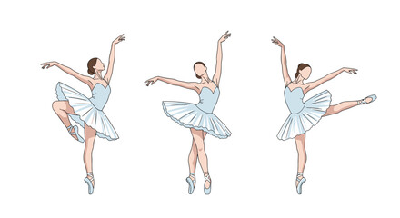 Fototapeta premium Three delicate sketches of a ballerina performing various classical dance poses in a light blue tutu and pointe shoes show grace and movement.