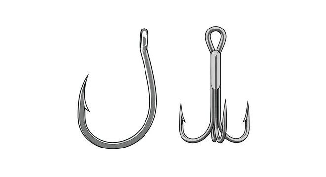 Realistic illustration of two different metal fishing hooks shows a single sharp hook and a treble hook used for various types of angling sports.