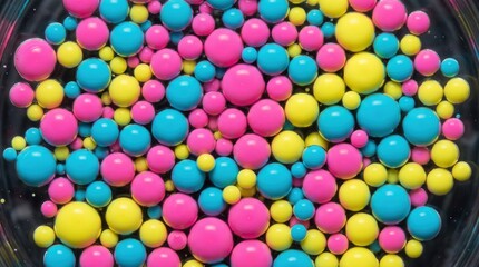Fototapeta premium Glossy pink, yellow, and blue spheres of varying sizes floating in a liquid. Abstract composition creating a vibrant and playful background.