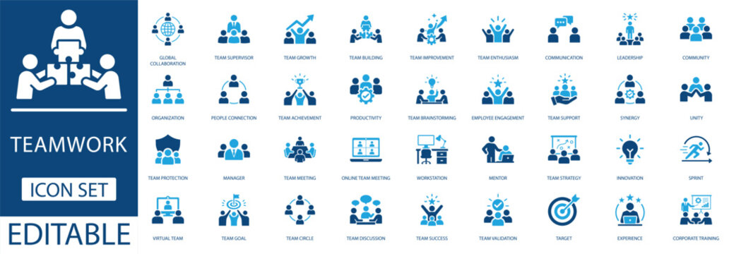 Teamwork  icon set. Featuring global collaboration, leadership, employee engagement, and team growth. Vector icons for office presentations, corporate workshops, and business management portals.