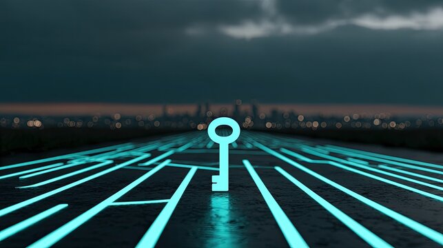Glowing maze pathway leads to a lone, illuminated key against a city skyline