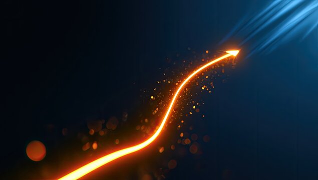 Glowing orange arrow charting upward trajectory against dark background
