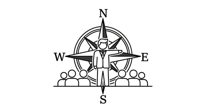 Manager leading remote team with compass symbol, guiding direction and teamwork in business