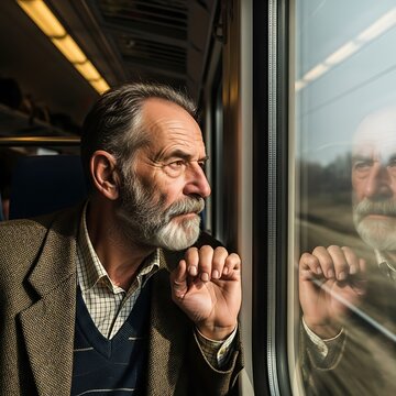 Thoughtful older man gazing out train window during travel.