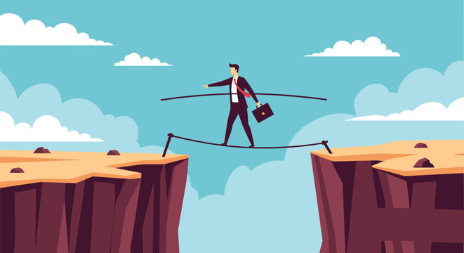 Brave businessman carefully walking across a tightrope over a deep gap between two mountain cliffs representing risk and challenge.