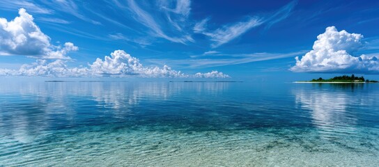 Serene turquoise waters meet a vast blue sky with fluffy clouds, reflecting calm