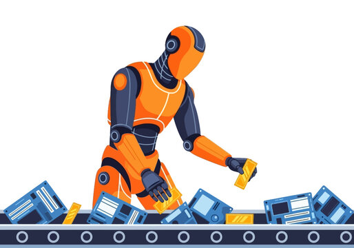 A flat vector illustration showing an orange and grey humanoid robot assembling electronic components and gold chips on a factory conveyor belt.