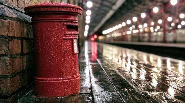 Red postbox on a wet platform, blurred lights, brick wall