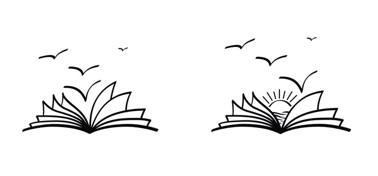 Cartoon open book and pages and flying birds. Education concept. Line drawing. Opened books sign. Book store logo. Flying bird to pages. Water, sun concept.v