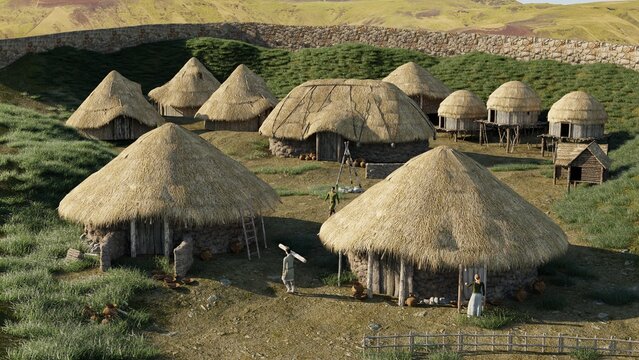 3D reconstruction of an ancient prehistoric village with thatched roof roundhouses and stone walls