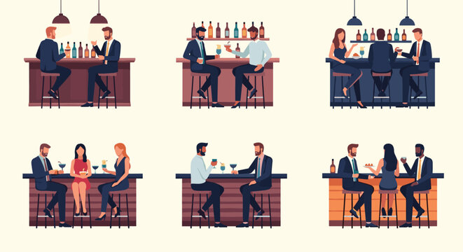 Group of diverse people socializing and drinking at a bar counter depicts nightlife and social gatherings in a flat vector style.
