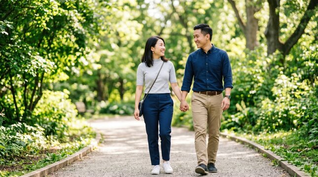 Happy young East Asian couple walking hand in hand on a scenic path in a lush green park, smiling and looking at each other