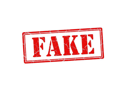Distressed red rubber stamp imprint with the word fake in bold capital letters showing a weathered grunge texture for verification purposes isolated on a transparent background