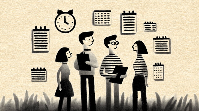 Project Manager Organizing Scattered Schedules, Calendars, and Task Lists While Coworkers Wait Nearby, Black and White Ink Illustration

