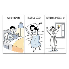 Obraz premium Bedtime routine and sleep hygiene concepts vector illustration.