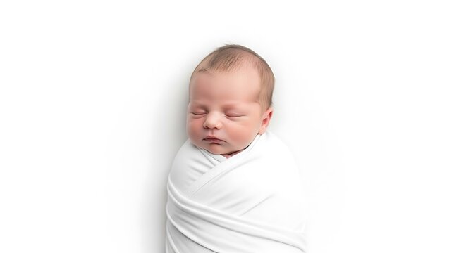 Baby with pacifier lying on white background.