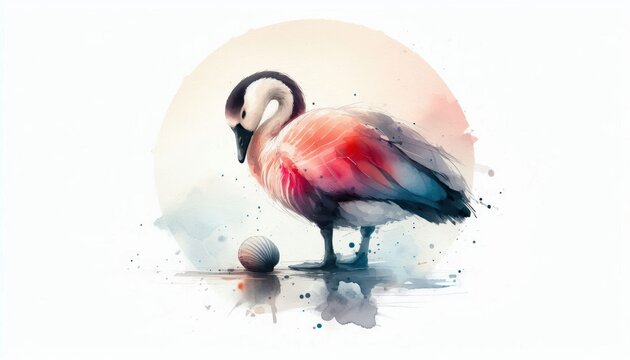 Whimsical watercolor illustration of a serene goose preening with a seashell