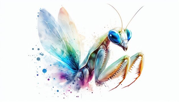 Watercolor illustration of a mantis nymph with oversized eyes and charming details