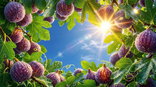 Sunlight Through Translucent Ripe Figs on Tree Branches, Worm's Eye View Macro
