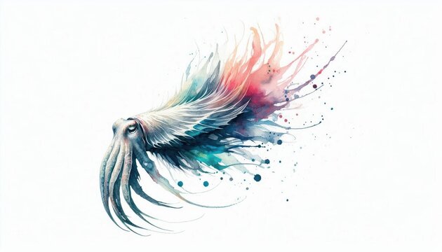 Watercolor depiction of a vibrant cuttlefish fin, resembling a feather ripple in motion